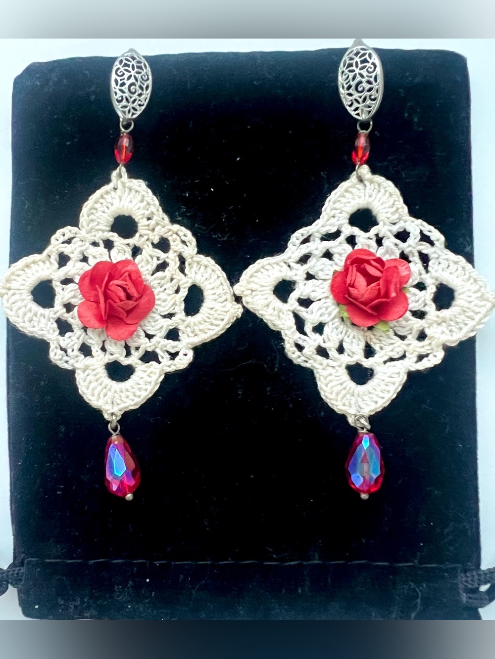 Handmade Sicilian Macramé Rose & Crystal Earrings